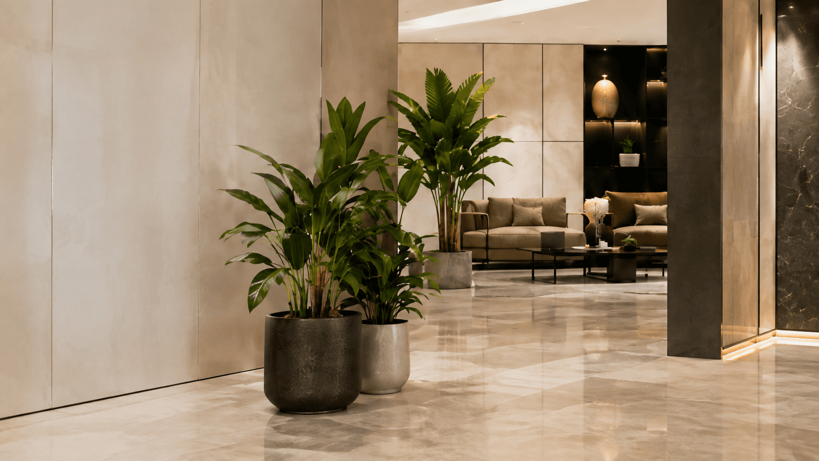Premium interior lobby with large potted green plants
